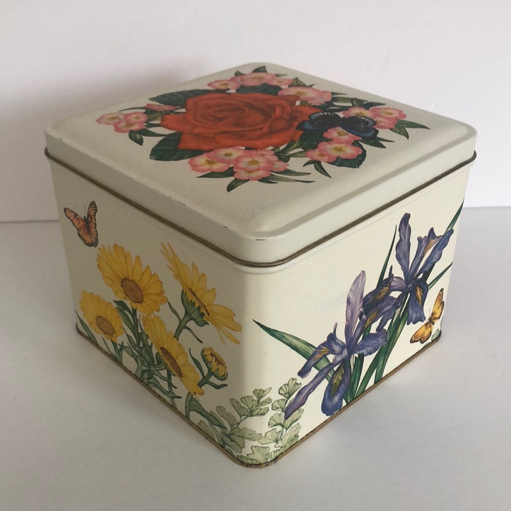 Current Vintage 1980 Floral And Butterfly Cube Storage Tin